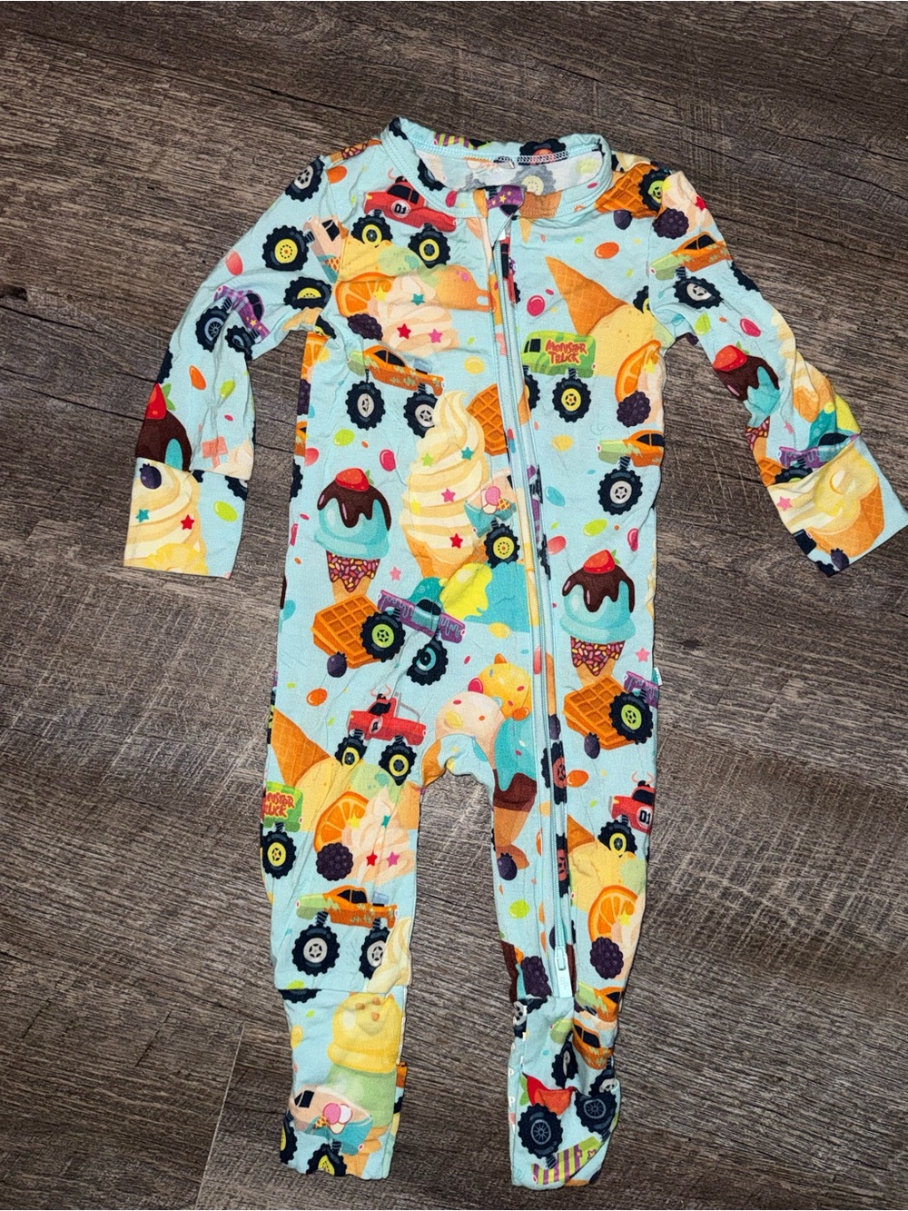 Posh Peanut  Ice Cream & Monster Truck Zip-Front Pajama Romper - Light Blue